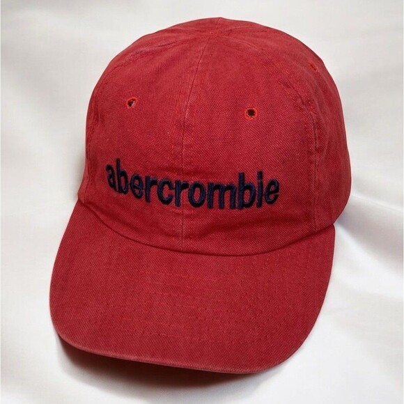 VTG Abercrombie & Fitch Hat Spellout Cap Red Heavy Canvas Leather Strap 80s USA - Picture 1 of 13